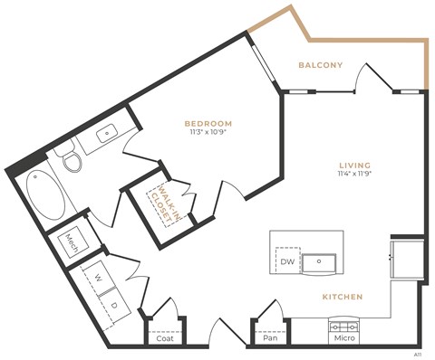 Floor plan for 1 bed, 1 bath, 666 sqft